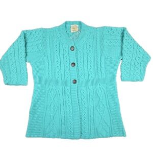 Kilronan Knitwear Merino Wool Cardigan Ireland Teal Cable Knit NWT L